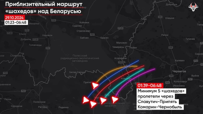 ''Беларускі Гаюн'': Щонайменше 5 ''Шахедів'' в ніч на 29 жовтня пройшли через РБ 